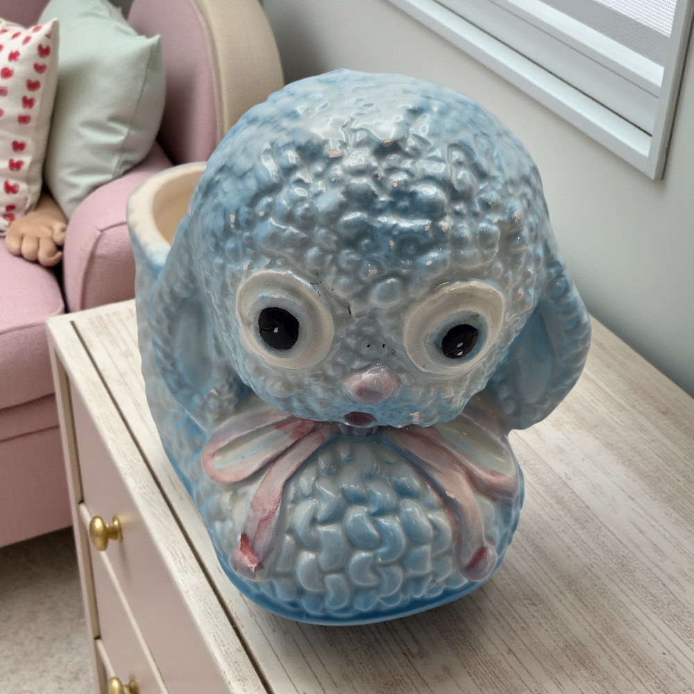 RARE Vintage RELPO 7102 Japan Blue Lamb Sheep Planter Basket Nursery Ceramic